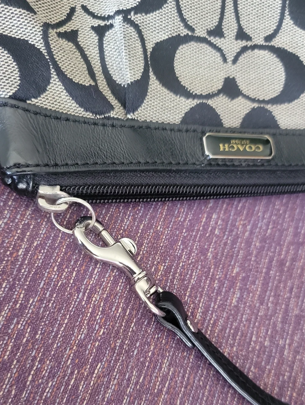 Coach Black & Gray Signature Canvas Wristlet with Leather Trim